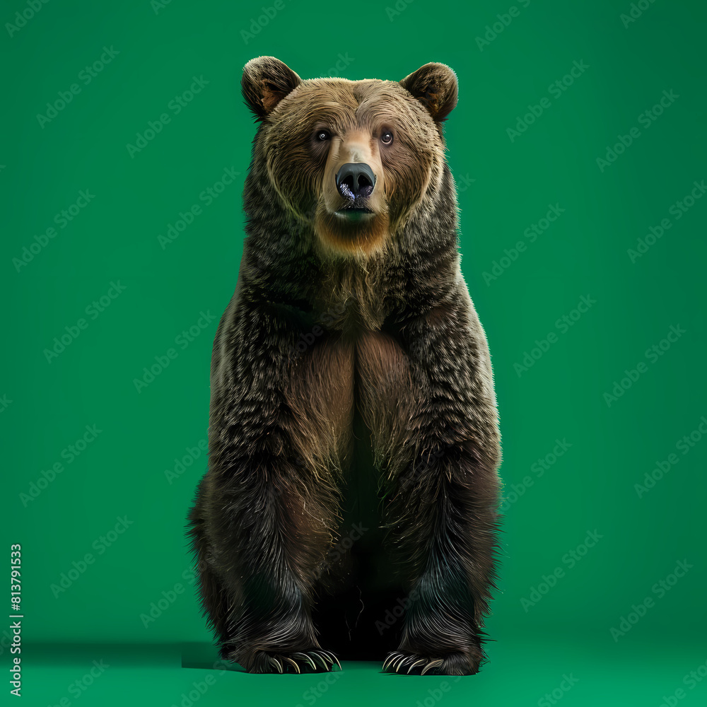 Obraz premium Full body of bear on solid green screen background, fashion photography, evenly lighting
