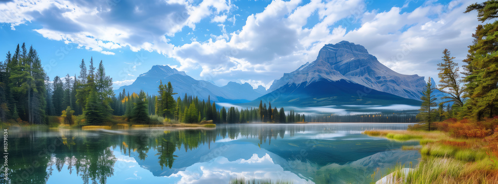 Fictional Canadian landscape with mountains, lake and forest