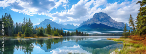 Fictional Canadian landscape with mountains, lake and forest photo