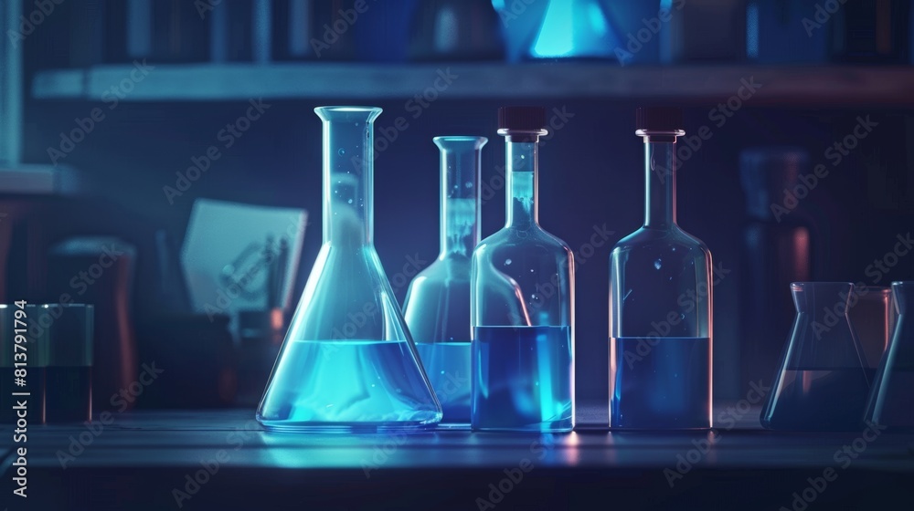In this realistic 3D lab set, there is a blue liquid experiment in a glass beaker. The fluid chemical reactions in Erlenmeyer glassware will allow color analysis along with concentration In this realistic 3D lab set, there is a blue liquid experiment in a glass beaker. The fluid chemical reactions in Erlenmeyer glassware will allow color analysis along with concentration