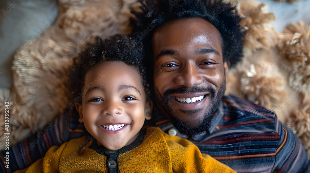 Cheerful father and son having fun lying on floor and smiling, parents and children being friends Cheerful father and son having fun lying on floor and smiling, parents and children being friends