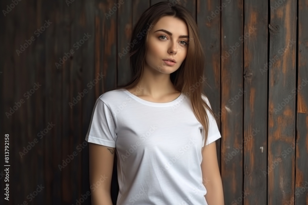 Fototapeta premium A young woman is standing while wearing a white t-shirt, simplistic and casual attire