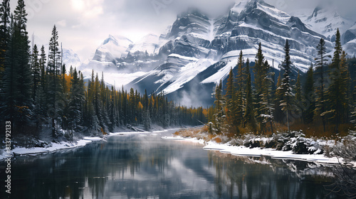 Fictional northern Canadian landscape with spruce forest and lake