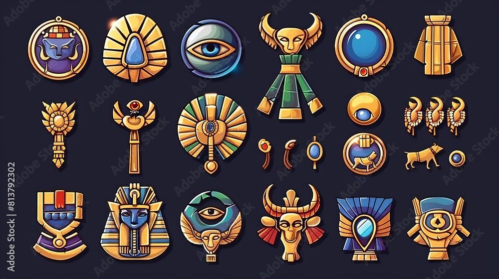 An ancient Egyptian icon set of UI menus and bar badges featuring scarabs, eyes, dogs and other golden items. An ancient Egyptian icon set of UI menus and bar badges featuring scarabs, eyes, dogs and other golden items.