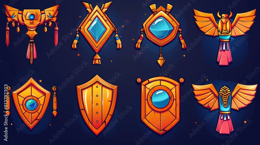 A set of cartoon modern illustrations for an ancient Egyptian game user interface. The set features scarabs, eyes and dog symbols along with a menu and bar badge. A set of cartoon modern illustrations for an ancient Egyptian game user interface. The set features scarabs, eyes and dog symbols along with a menu and bar badge.