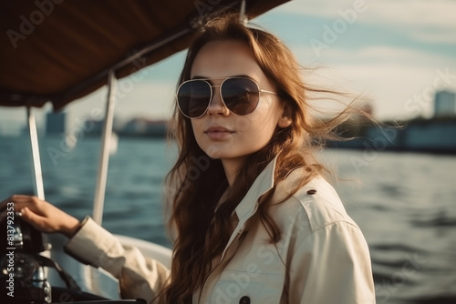 A woman in sunglasses confidently drives a boat on the water © sommersby