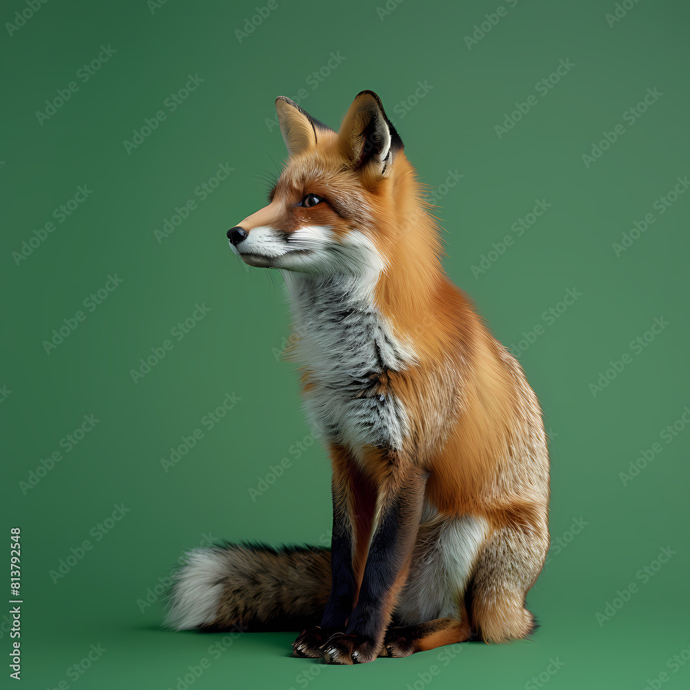 Fototapeta premium Full body of fox on solid green screen background, fashion photography, evenly lighting