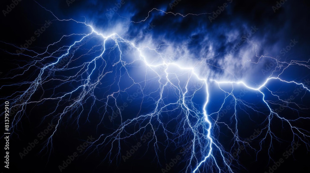 Closeup of a powerful lightning bolt, crackling through the dark sky with bright, electric blue light, against a black background