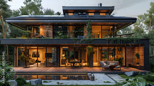 Modern House with Solar Panels on a Transparent  NatureIntegrated Home 