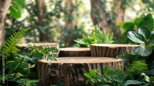 Earthy forestthemed product podium  wooden textures and greenery  ideal for organic and ecofriendly products