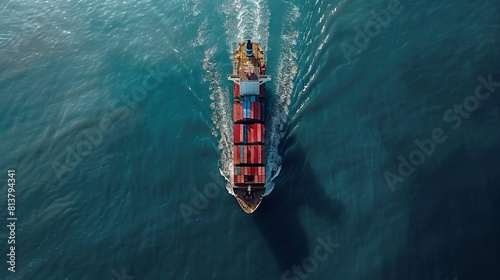 Aerial top view of cargo container business ship, global express in the ocean, logistic freight shipping and transportation, container cargo maritime ship with  photo