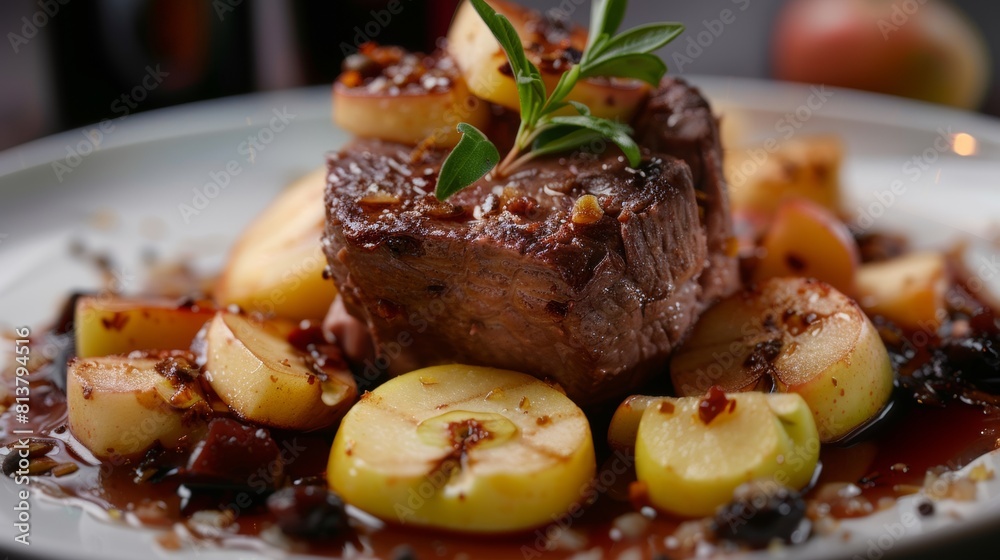 American cuisine. Stewed veal with apples, cinnamon and red wine. American cuisine. Stewed veal with apples, cinnamon and red wine.