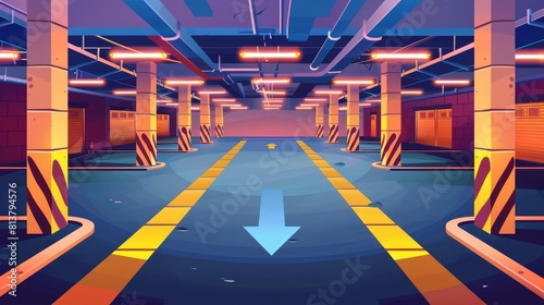 There are parked automobiles in a basement lot with a light and direction arrows in the cartoon modern illustration.