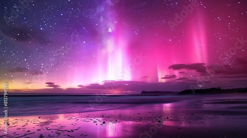 A beautiful photo of the aurora borealis over Dingsons Beach in Australia, with vibrant pink and purple colors lighting up the night sky, reflecting on water below. The stars add to its beauty