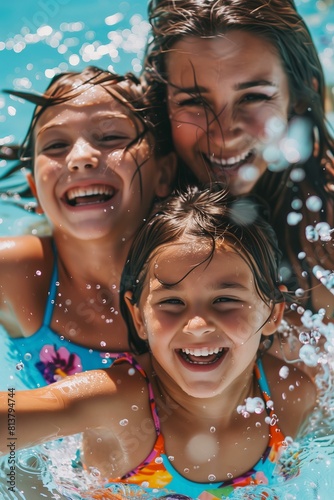 mother and daughter in colorful swimsuits splashing in the swimming pool, fun summer vibes