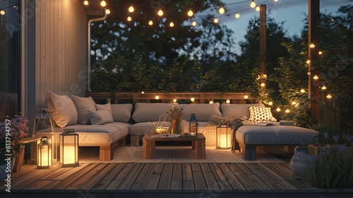 A cozy outdoor terrace with comfortable sofas, lanterns and string lights at night.