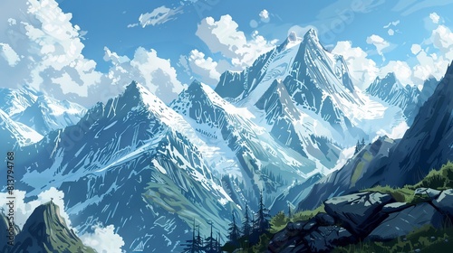 A breathtaking mountain landscape with snow-capped peaks. 