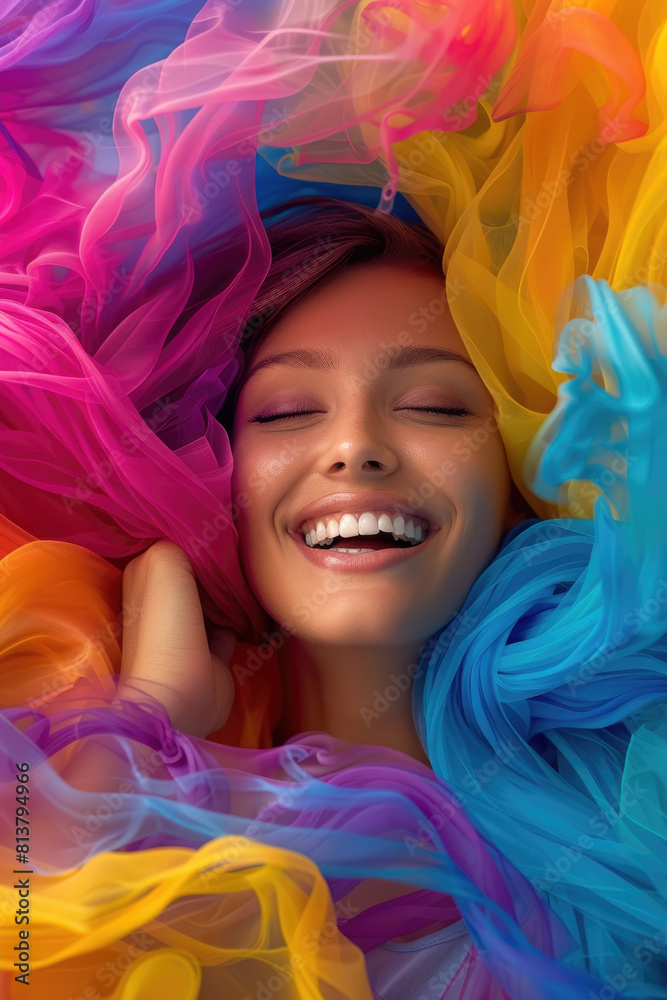 A woman with vibrant, colorful hair stands amidst a sea of colorful fabric, creating a visually striking scene A woman with vibrant, colorful hair stands amidst a sea of colorful fabric, creating a visually striking scene