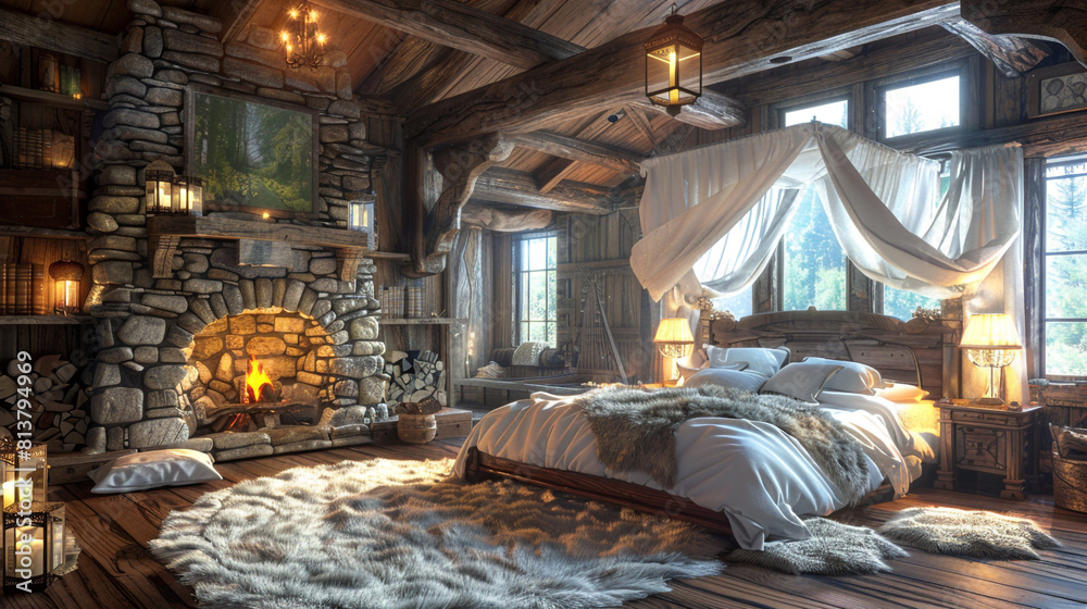 A rustic cabin bedroom featuring a stone fireplace, fur rugs, and a canopy bed draped in soft linens. 