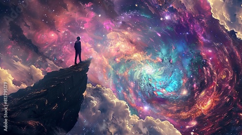 A person standing on the edge of an endless cliff, gazing into a swirling galaxy filled with vibrant colors and stars.  photo