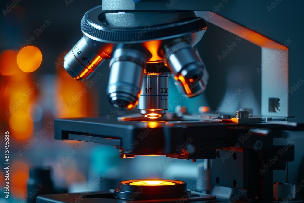 A microscope is lit up with a yellow light A microscope is lit up with a yellow light