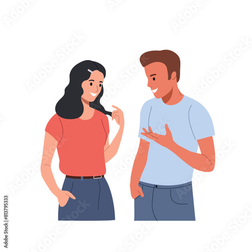 Young man and woman talking, gossiping, whispering secrets, telling news. Flat style cartoon vector illustration.