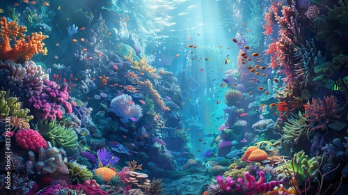 A surreal underwater world teeming with colorful coral reefs and exotic sea creatures. 