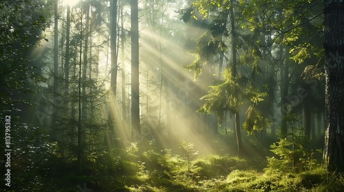 A tranquil forest scene with sunlight streaming through the trees.