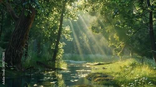 A tranquil forest scene with sunlight streaming through the trees.