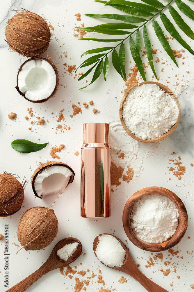coconut and macadamia oil cosmetic product, shower gel, lotion, cream, bulsam or shampoo in an elegant mockup bottle with gold accents. white powder and coconuts scattered around, green leaves