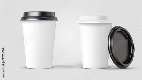 The mockup shows a 3D white paper coffee cup isolated and modernized, along with a plastic black lid. It's a mock-up for a disposable drink designed for takeaway coffee from a cafe. This mockup © Mark