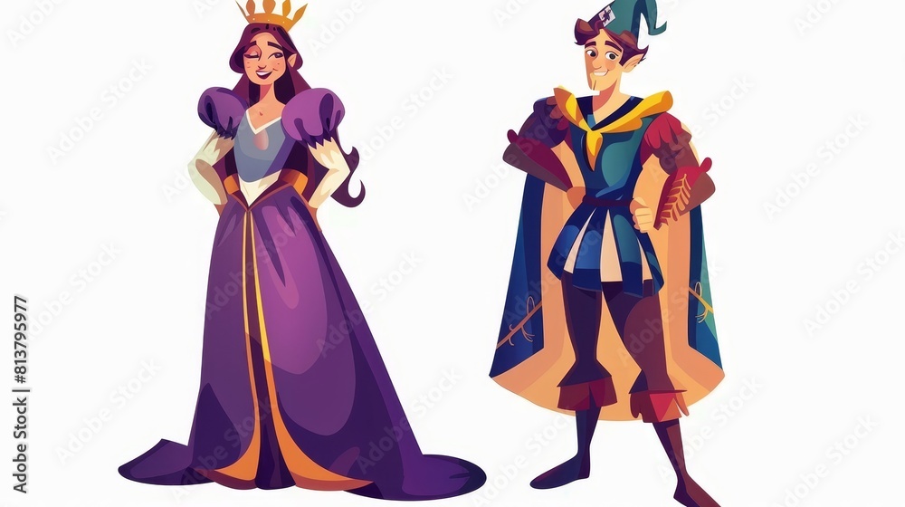 Young woman queen or princess with crown in long dress and funky smiling male jester in clown costume. Medieval characters from fairytales or ancient history.