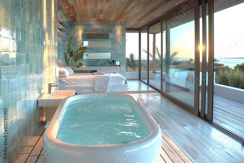 Luxurious minimalist bathroom in a coastal retreat featuring a freestanding bathtub  sleek design in cool whites and pale blues  under the tranquil late evening light.