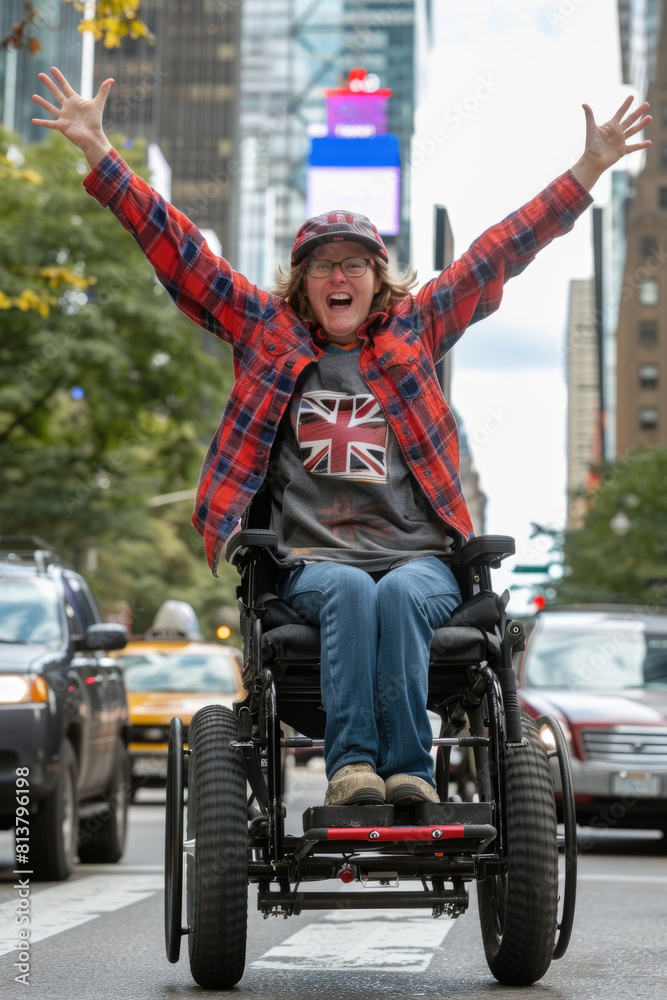 Obraz premium A woman in a wheelchair moving along a bustling city street, surrounded by pedestrians and urban buildings