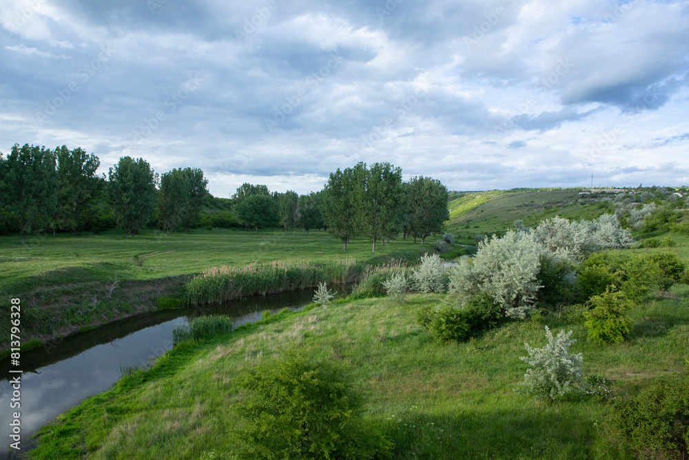 Beautiful summer landscape with green trees, green meadows on the bank of the river in Republic of Moldova. Beautiful summer landscape with green trees, green meadows on the bank of the river in Republic of Moldova.
