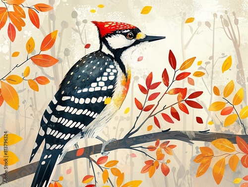 Woodpecker pecking on an autumn tree flat design top view seasonal activity theme watercolor Complementary Color Scheme photo