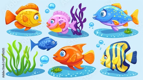 Cartoon fish and seaweed in sand. Modern illustration set of childish marine animals and plants. Bright tropical marine creature on blue background.