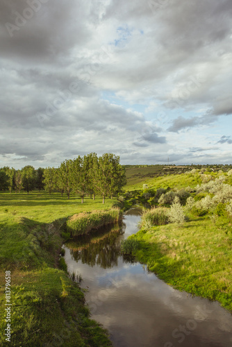 Beautiful summer landscape with green trees,  green meadows on the bank of the river in Republic of Moldova.