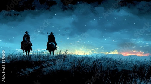Two men riding horses in a field at night  AI