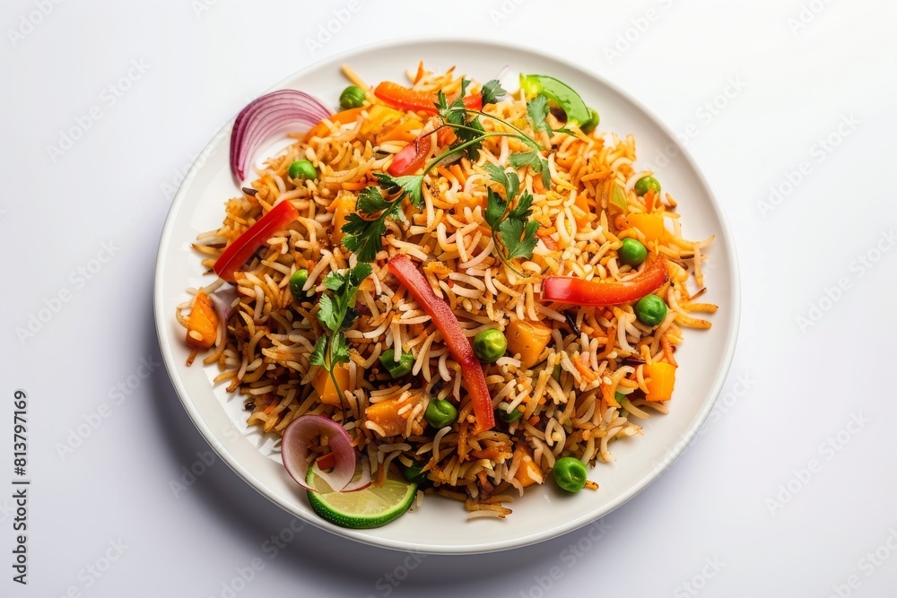 Veg biryani or veg pulav/pulao, pilaf Fried rice Indian food, white background, vegetable pulao