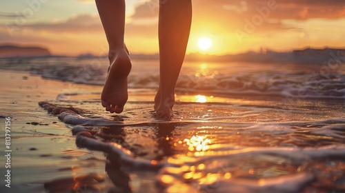 Close up of a woman's feet walking on the beach at sunset,