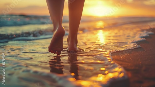 Close up of a woman's feet walking on the beach at sunset, photo