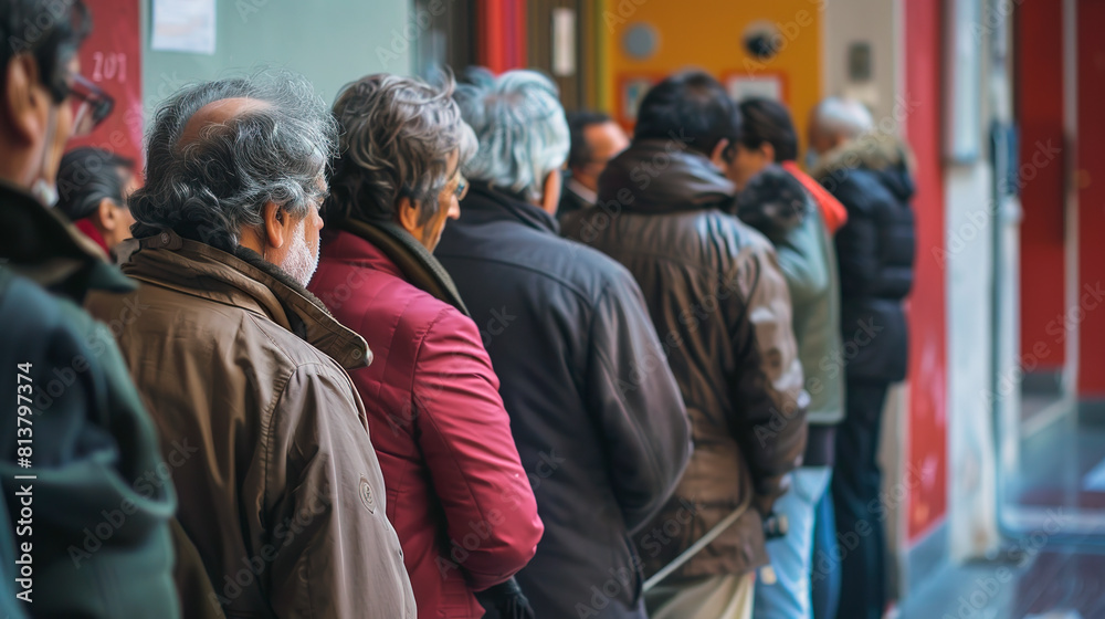 Crowd of European people waiting in line long queue 