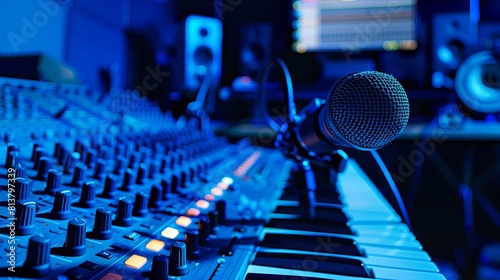 Close up of microphone in sound recording studio with music production equipment and computer, blue color tone. photo