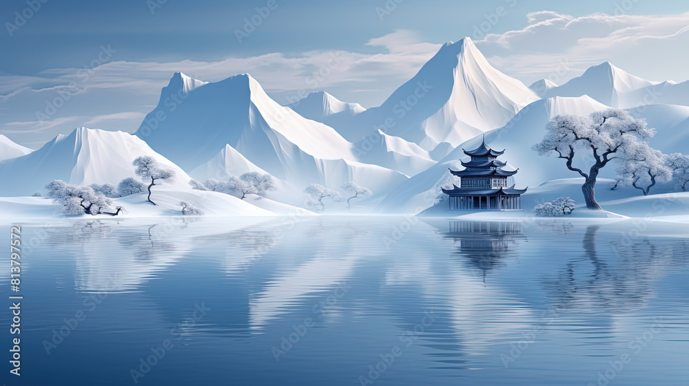 Contemporary Painting of Traditional Chinese Architecture Front of Snow Mountains and Lake Water Landscape Background