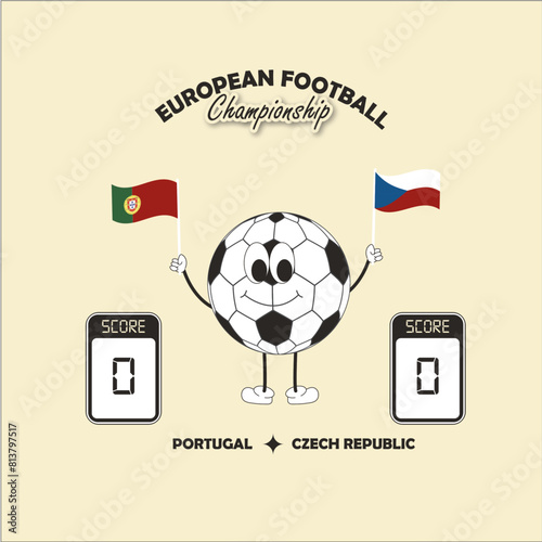 European Football Championship. Match between Portugal and Czech Republic. Balloon character holding the flags of both countries. Determinate pointage. Game bets. illustration for matches. Forecast