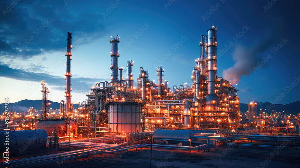 Illuminated factory producing oil, emitting smoke and steam into the sky, amid an industrial landscape of pipes and chimneys