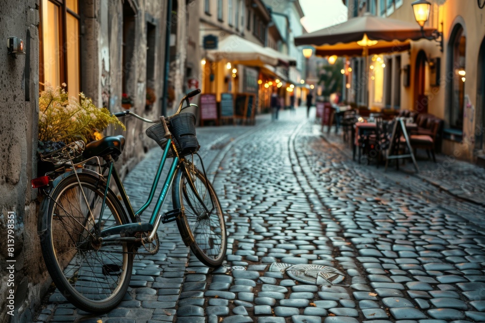 Charming European Street with Bicycle for Travel and Tourism Ads Charming European Street with Bicycle for Travel and Tourism Ads