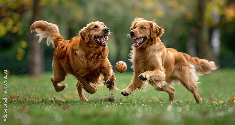 Two golden retrievers playing with a ball in the park. Two golden retrievers playing with a ball in the park.