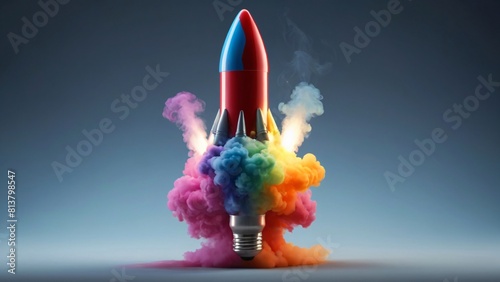 rocket emerges from a light bulb with colorful smoke, gradient blue background, minimalist, symbolizes creativity, innovation, and ideas